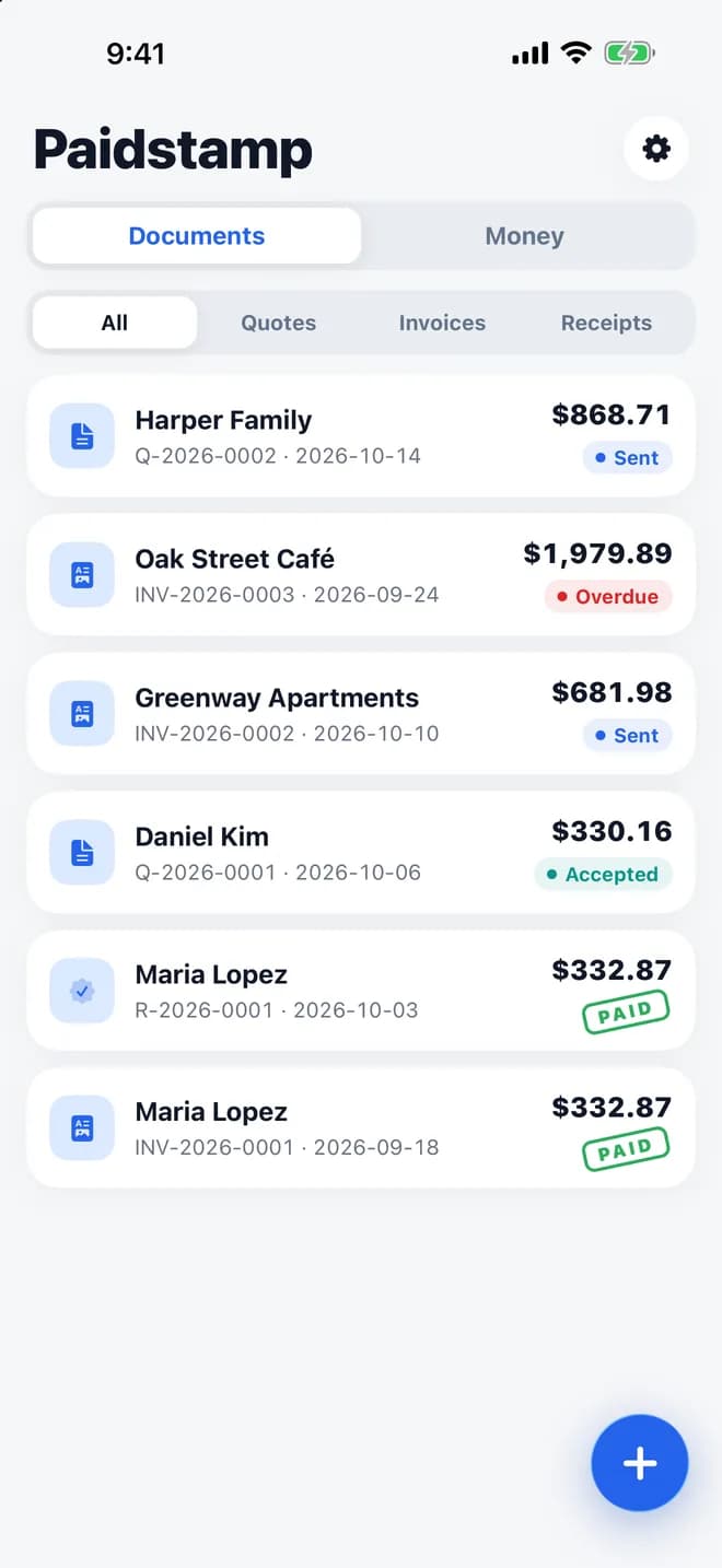 Paidstamp documents list with quotes, invoices and receipts for sample clients, each with an amount and a status such as Sent, Overdue, Accepted or Paid