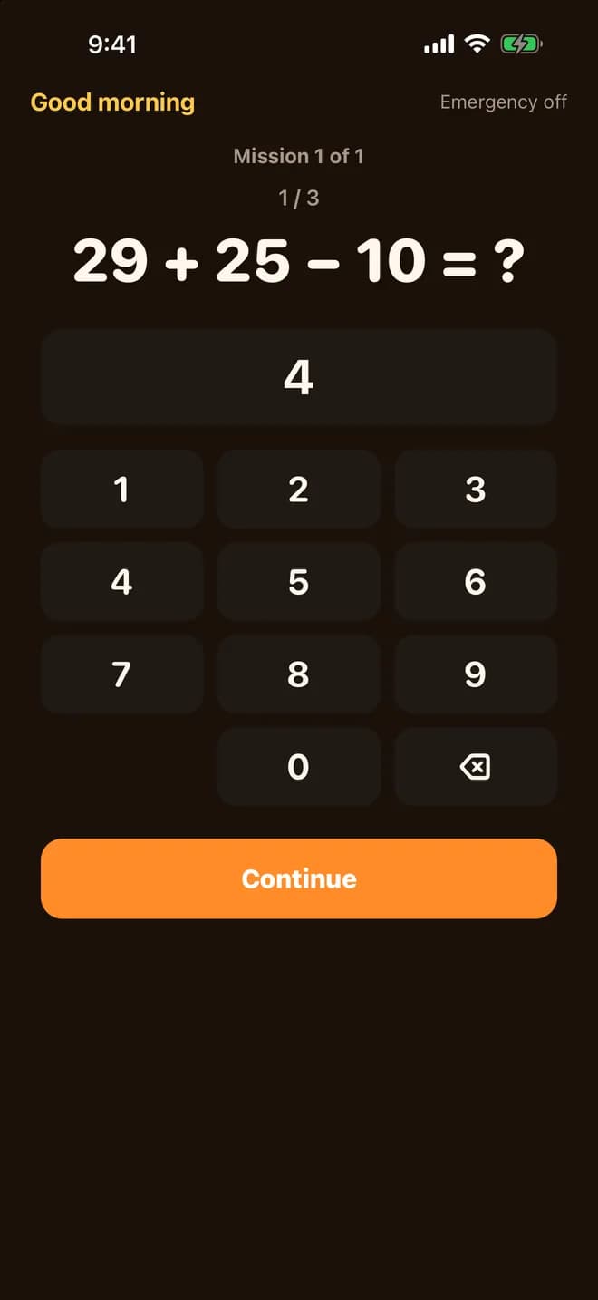 Math mission screen showing 29 + 25 − 10 with a large number pad and a Continue button