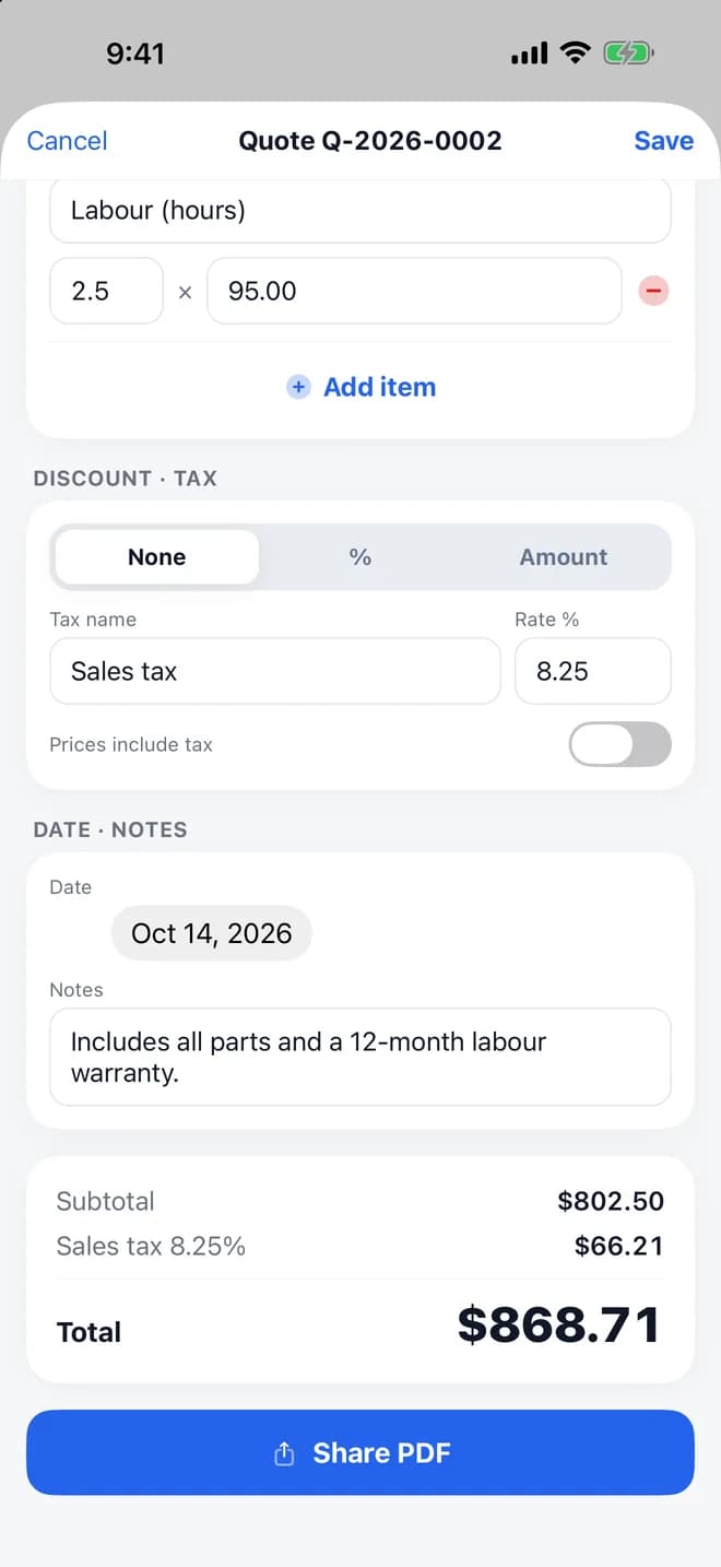 Quote editor with a labour line of 2.5 hours, discount and sales tax settings, a note, a total of $868.71 and a Share PDF button