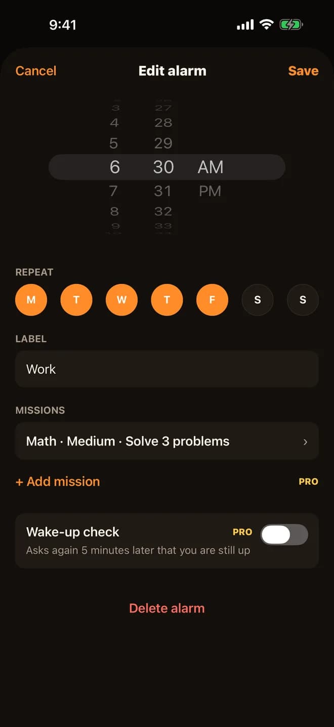 Edit alarm screen: 6:30 AM, Monday to Friday, label Work, a math mission, and Pro options to add a mission and a wake-up check