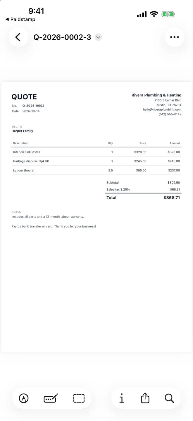 PDF preview of quote Q-2026-0002 for a sample plumbing business, with three items, subtotal, sales tax and total