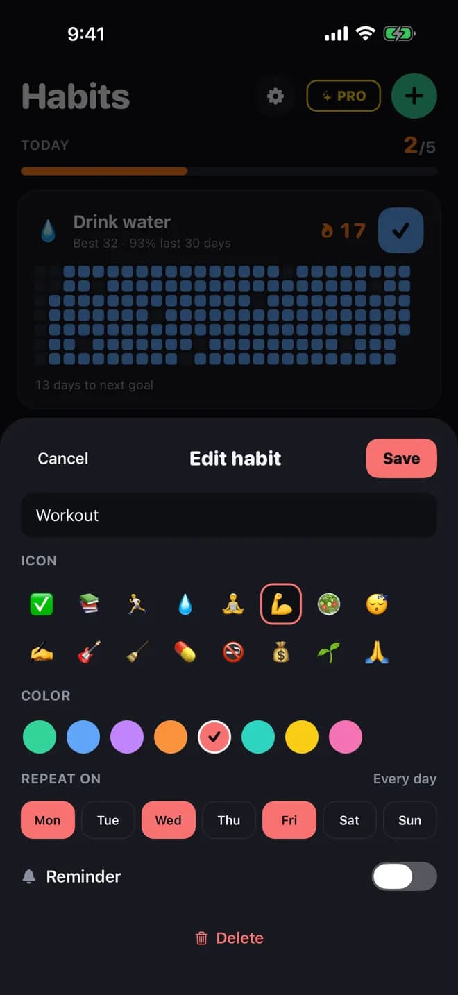 Edit habit screen with icon and colour choices, Monday, Wednesday and Friday selected, and a reminder switch