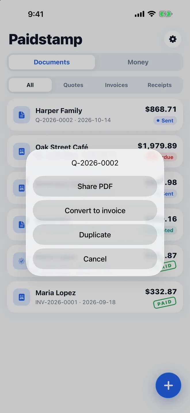 Action sheet for quote Q-2026-0002 with Share PDF, Convert to invoice, Duplicate and Cancel