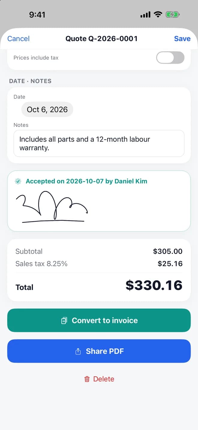 Quote Q-2026-0001 accepted on 2026-10-07 with the client's signature, a total of $330.16, and buttons to convert to invoice and share PDF