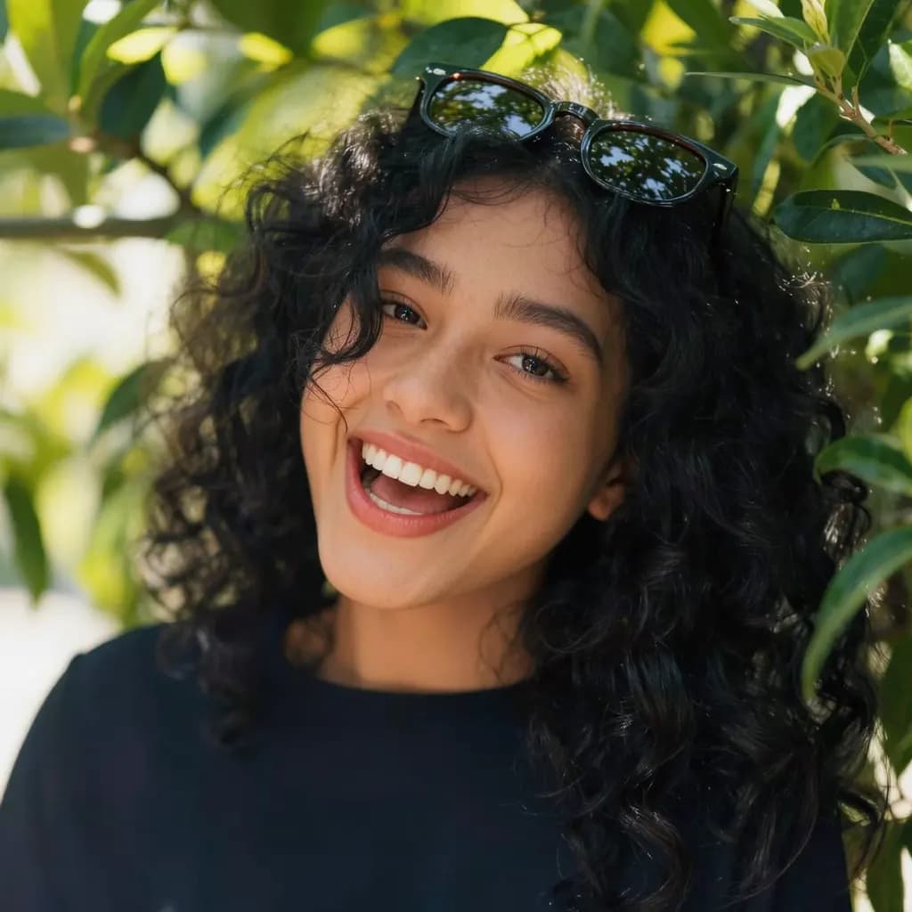 A woman laughing with her head tilted and sunglasses on her head