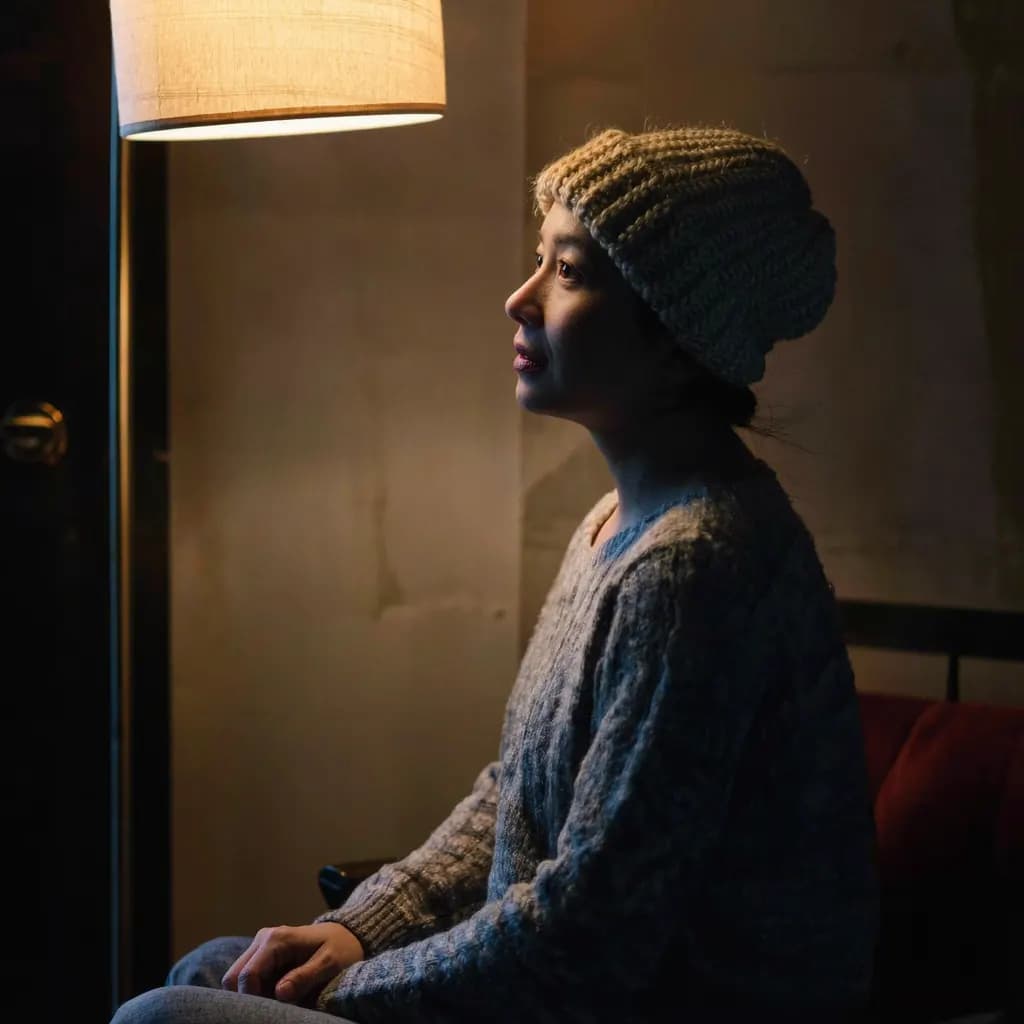 A woman in profile with her hair hidden under a knit hat in dim light