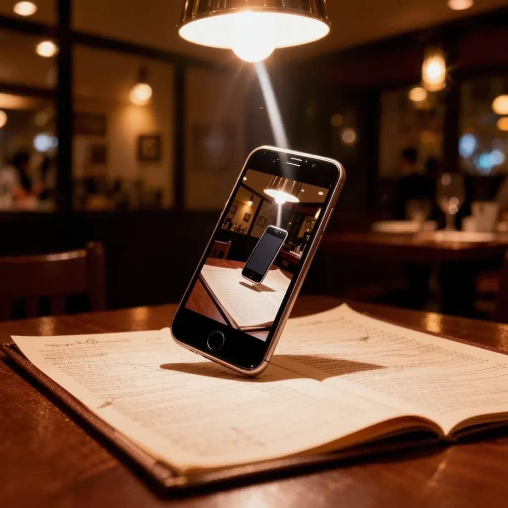A phone tilted over a glossy curled menu with a bright lamp reflection across it