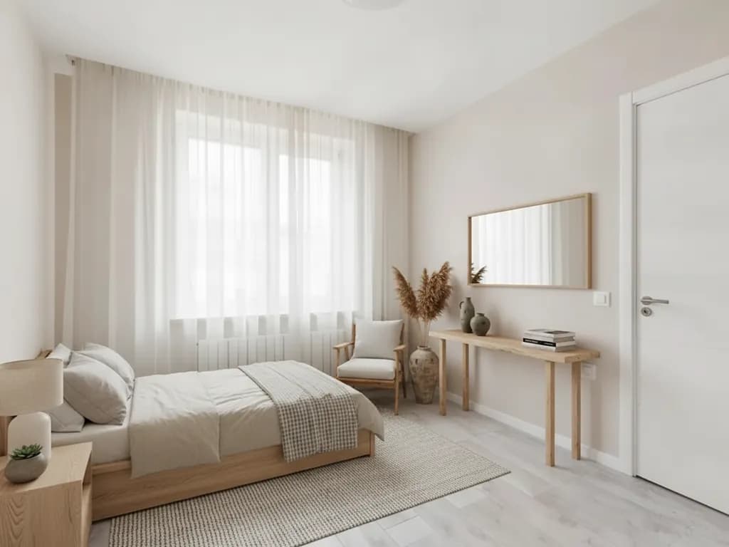 The same room with a low wooden bed, a woven rug, an armchair, a slim console table and a wall mirror