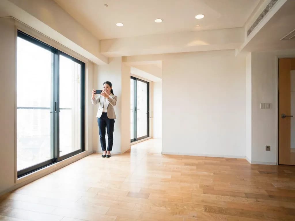 A property agent photographing a bright, empty living room with her phone held level