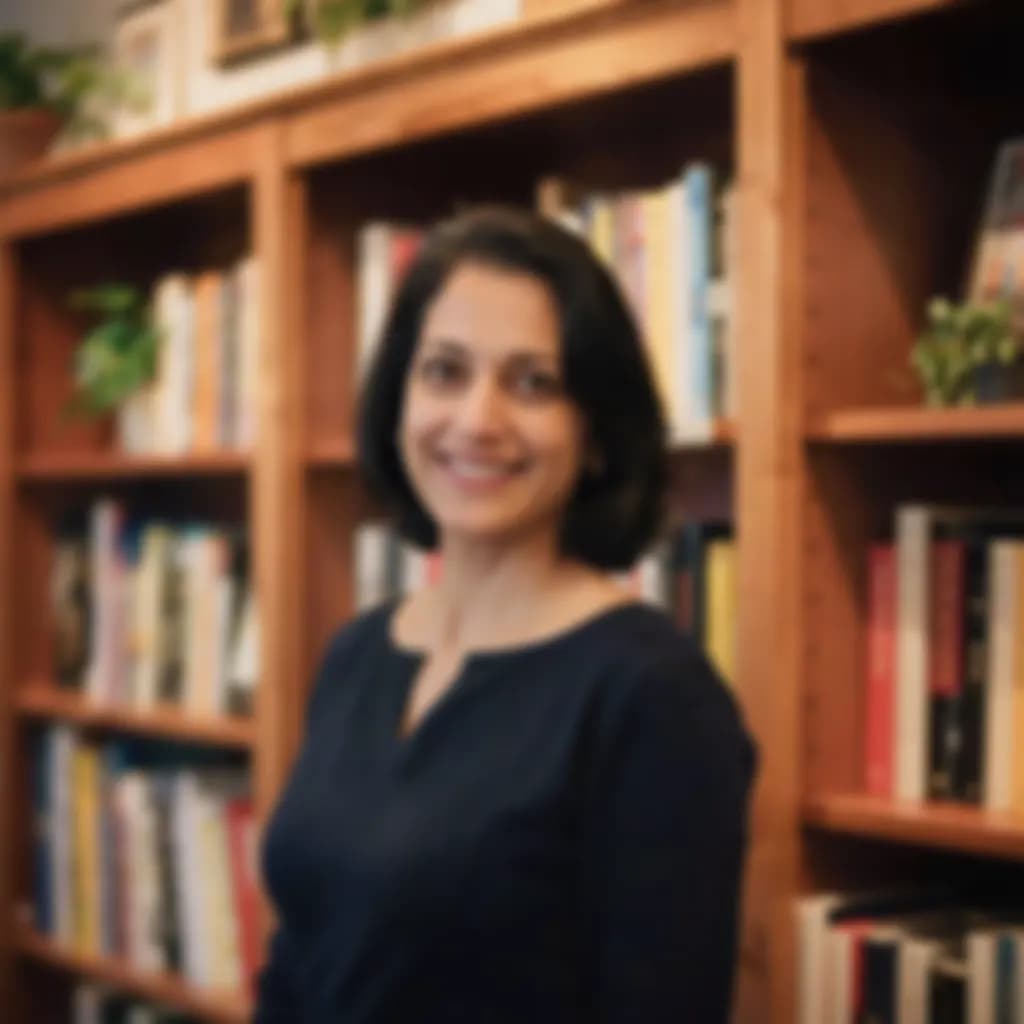 A woman's face out of focus while the bookshelf behind her is sharp