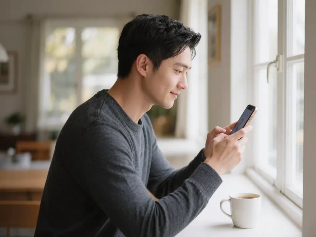 A man holding a phone steady with both hands and elbows tucked in, photographing a cup by a window