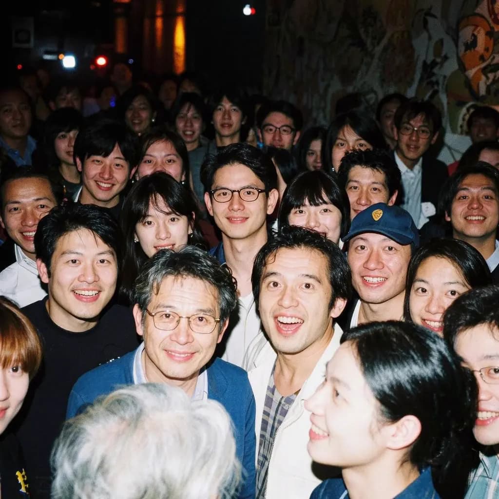 A dim, crowded party scene with many overlapping people