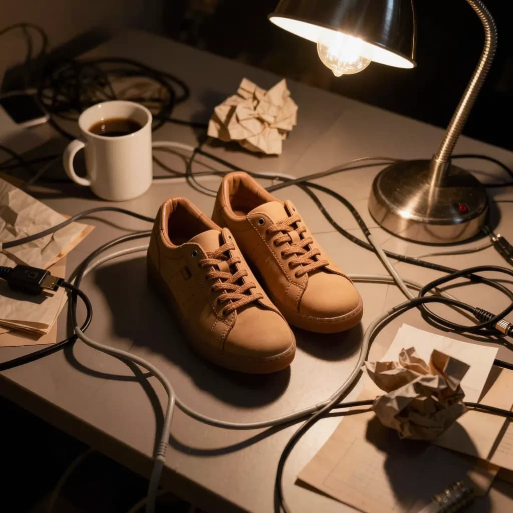Sneakers on a messy desk among cables and papers under hard lamp light
