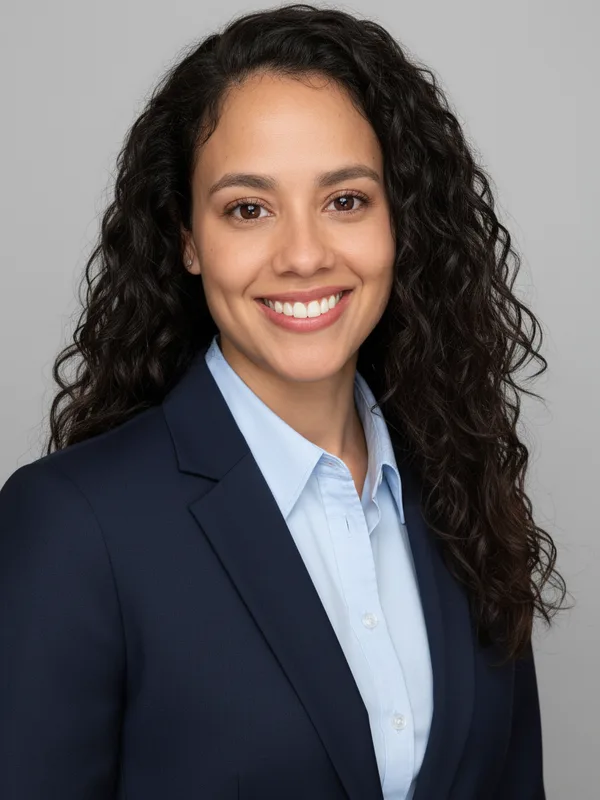 The AI headshot of the same woman in a dark blazer, to check that her face looks the same