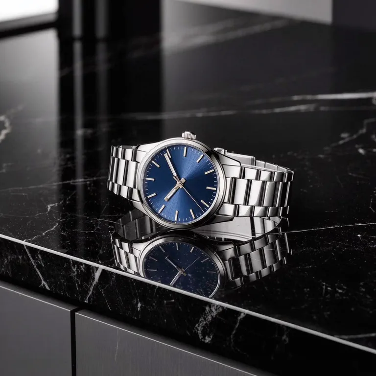 Blue-dial wristwatch on a black marble surface before an AI photo editor removes the background