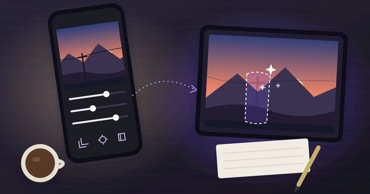 A phone with brightness sliders next to a tablet where an AI tool outlines a pole to remove