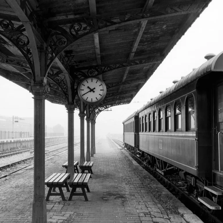 Zwart-witfoto van een oud perron met een trein