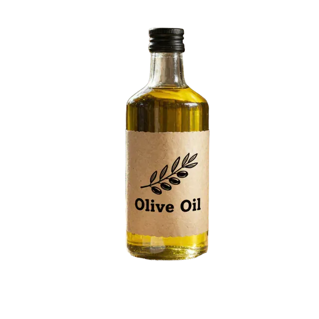 The olive oil bottle cut out with its label still readable, ready for a menu