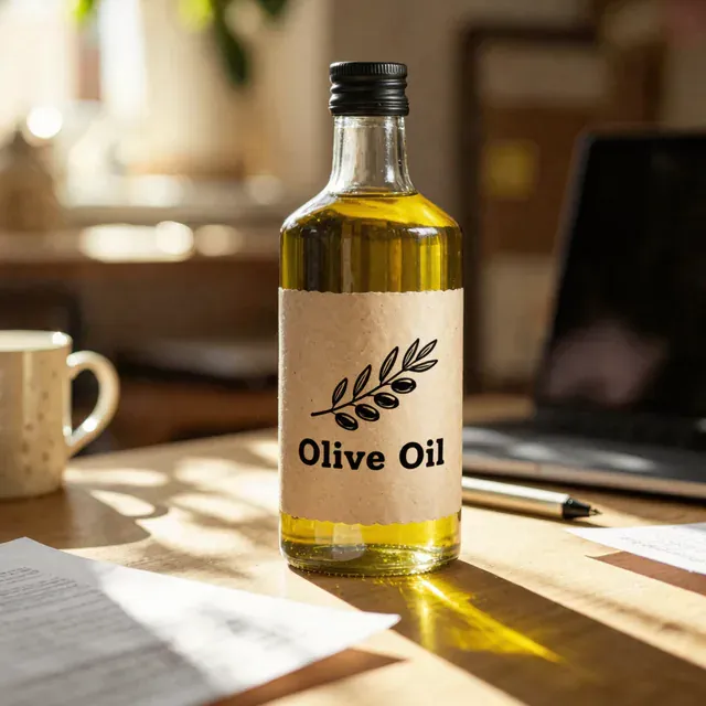 Olive oil bottle on a cluttered table before cutting the food photo out for a menu