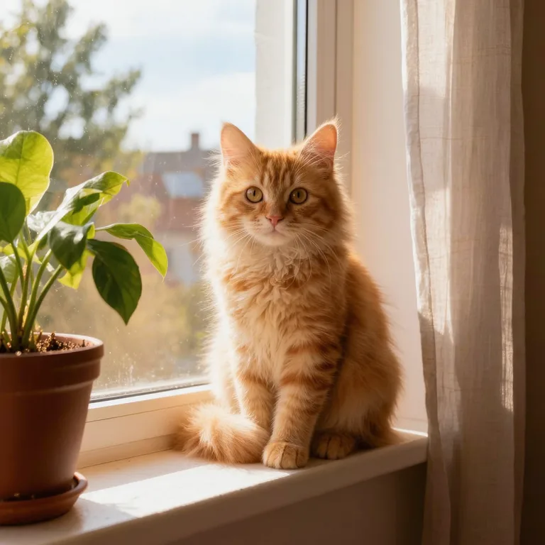 Ginger cat sitting by a window with a plant, before cutting the pet out of the photo