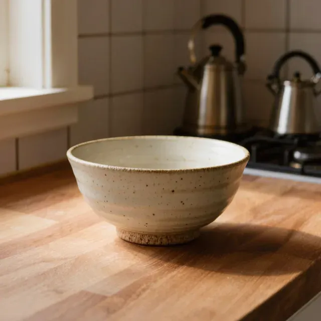 Ceramic bowl on a kitchen counter before cutting the photo out for stickers