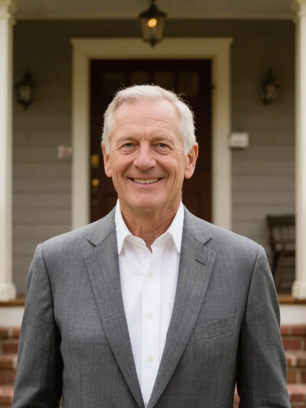 Older man in a gray suit standing in front of a house, a casual photo for a realtor headshot