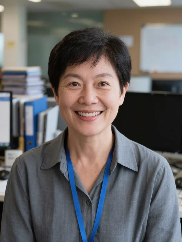 ID badge photo before: a woman employee with a busy office behind her