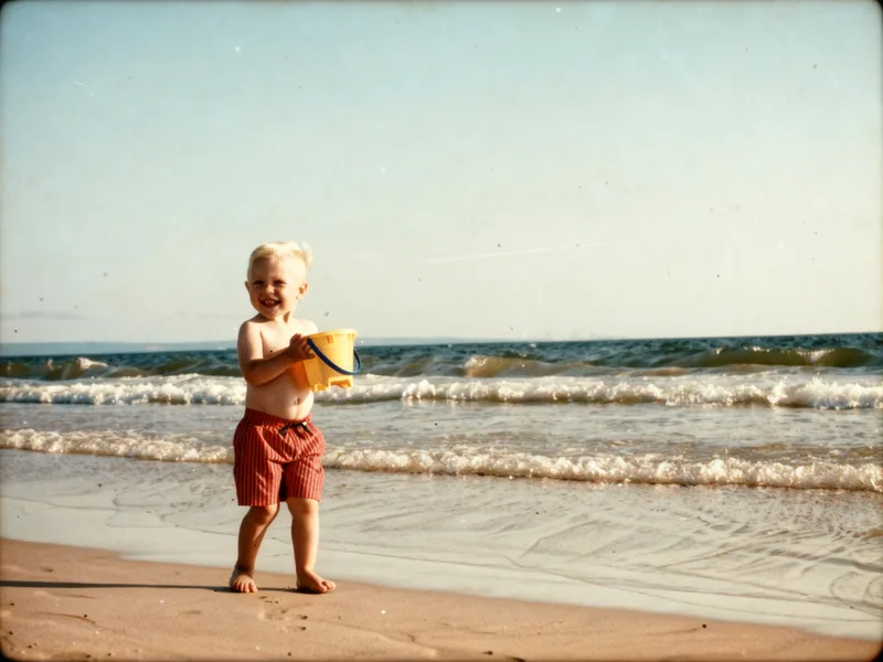 The beach photo after uploading to an AI photo editor and restoring it: clearer colors and details