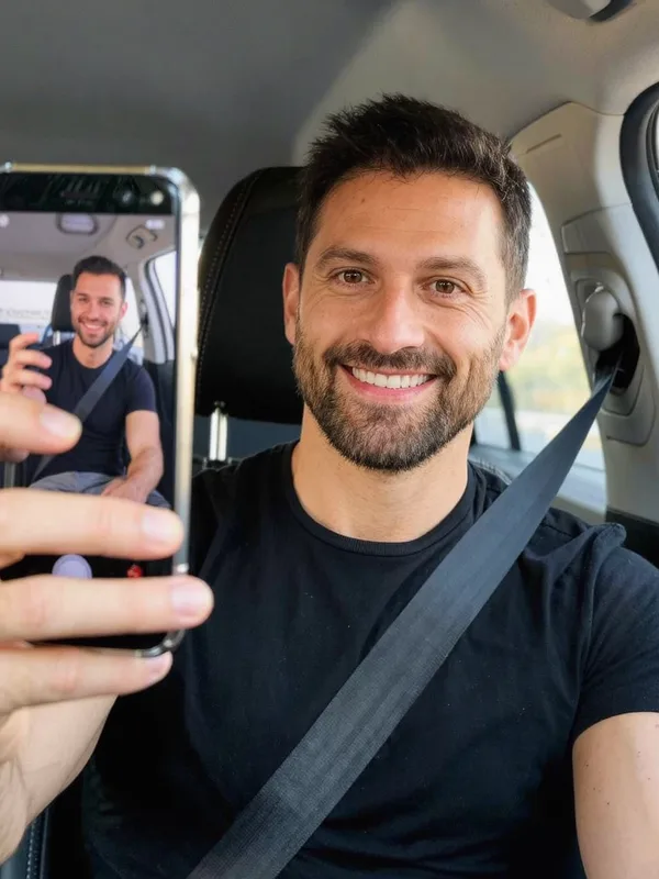 Selfie mężczyzny zrobione w samochodzie, punkt wyjścia do zdjęcia profilowego na LinkedIn