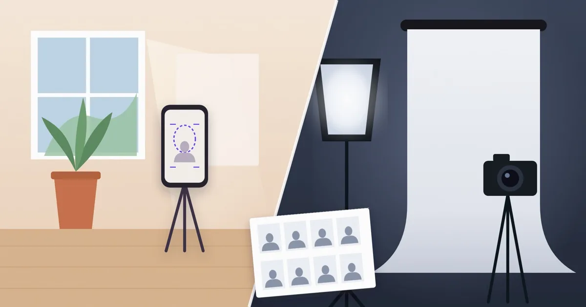 A home window setup and a photo studio side by side, with a sheet of passport photos between them