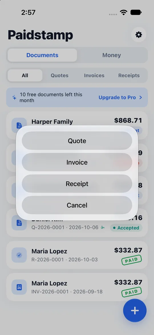 Paidstamp new document menu with quotation, invoice and receipt to choose from.