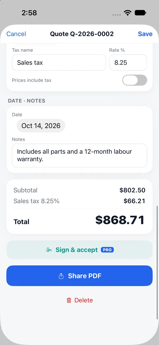 Paidstamp quotation with tax, the total, the sign-and-accept button and share PDF.