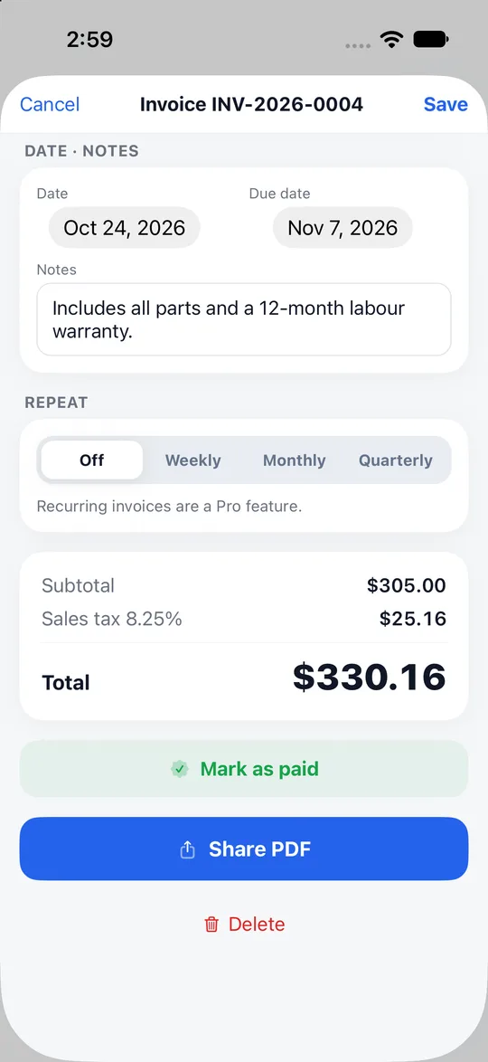 Paidstamp quotation converted into an invoice (payment request) with a due date and a mark as paid action.
