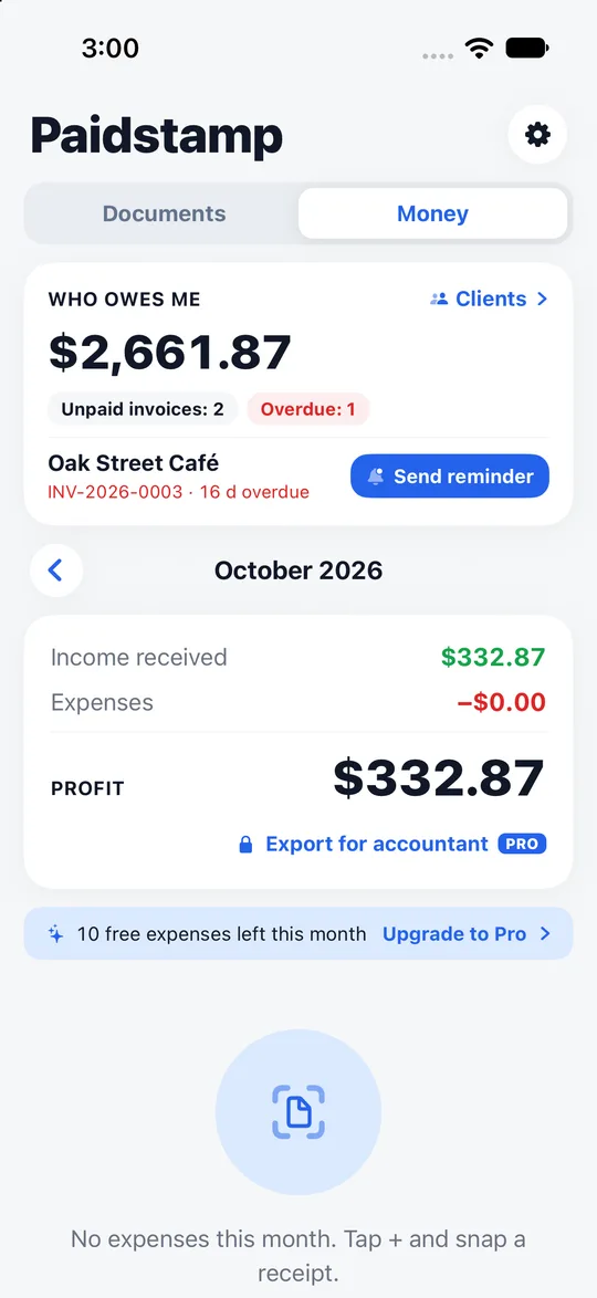 Paidstamp money tab showing who owes you, reminders and income.