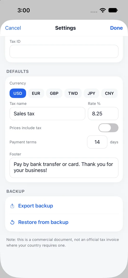 Paidstamp settings with the note that its documents are not an official tax invoice.