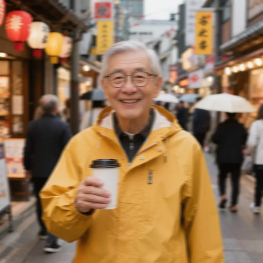 Blurry street photo of a smiling older man in a yellow raincoat holding a coffee cup