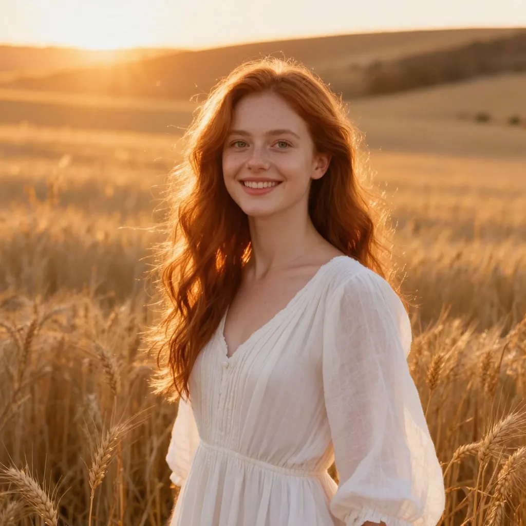Red-haired woman in a white dress smiling in a golden wheat field at sunset