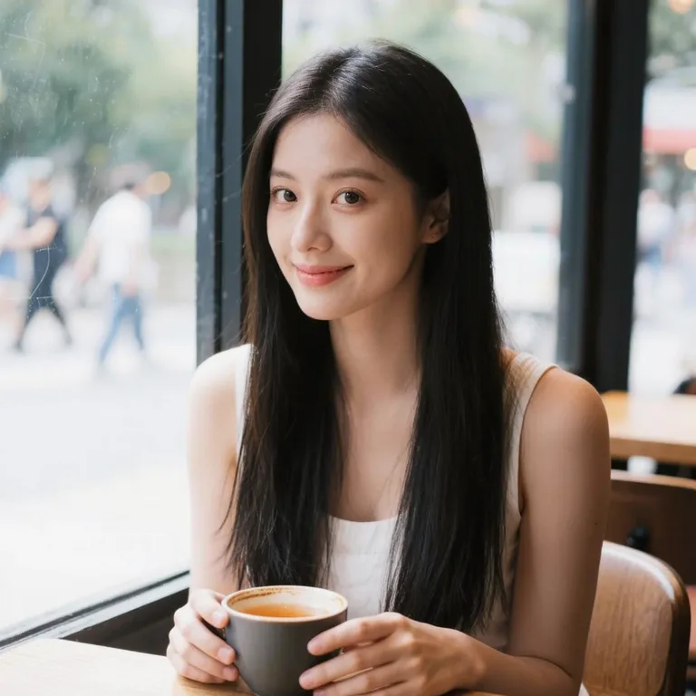 Woman with long straight black hair and no bangs, before previewing bangs
