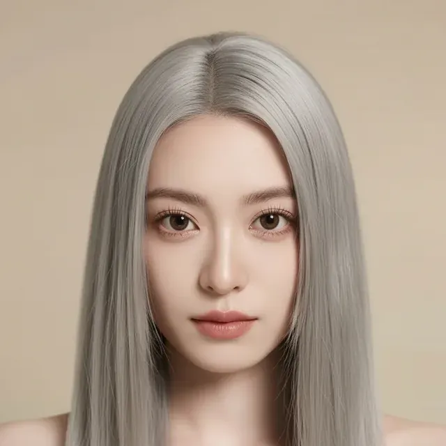 The same woman with a silver hair color preview, length kept