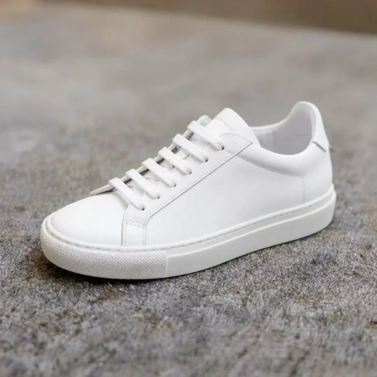 First frame of a 5-second product video ad: a white leather sneaker on a gray carpet