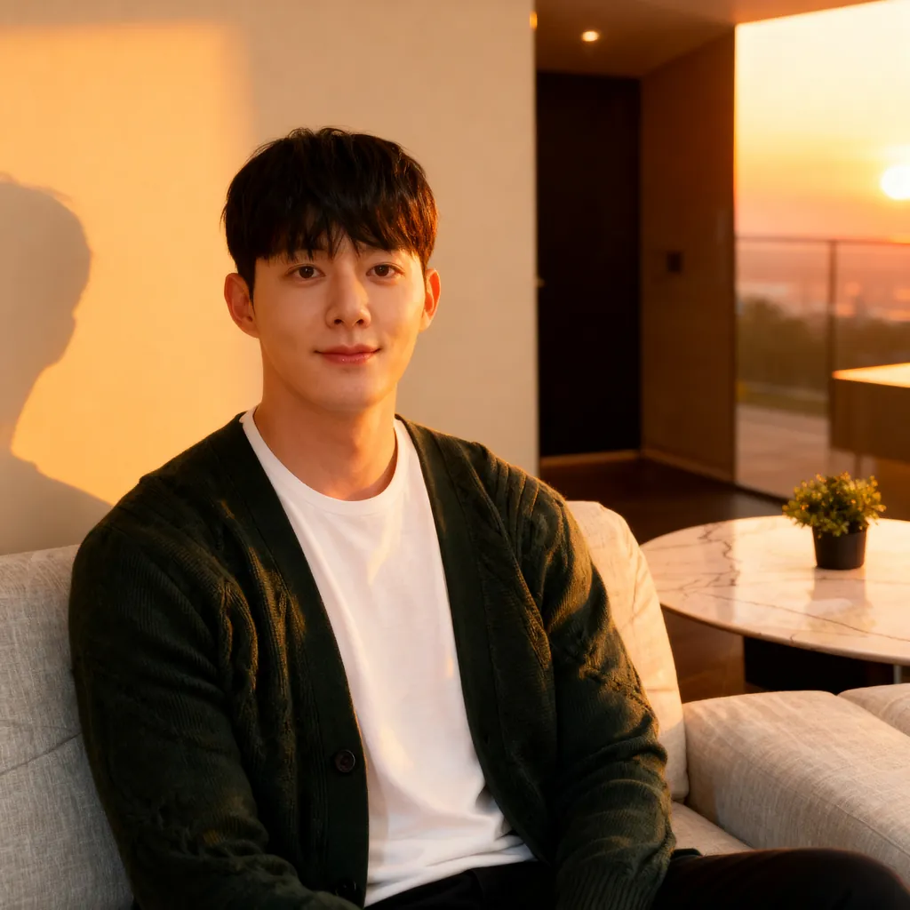 The same man in warm sunset light from a window, with a glowing city skyline behind him