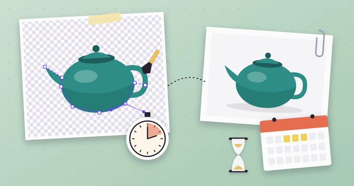 A teapot traced by hand beside a stopwatch, next to a clean cut-out with a calendar and hourglass