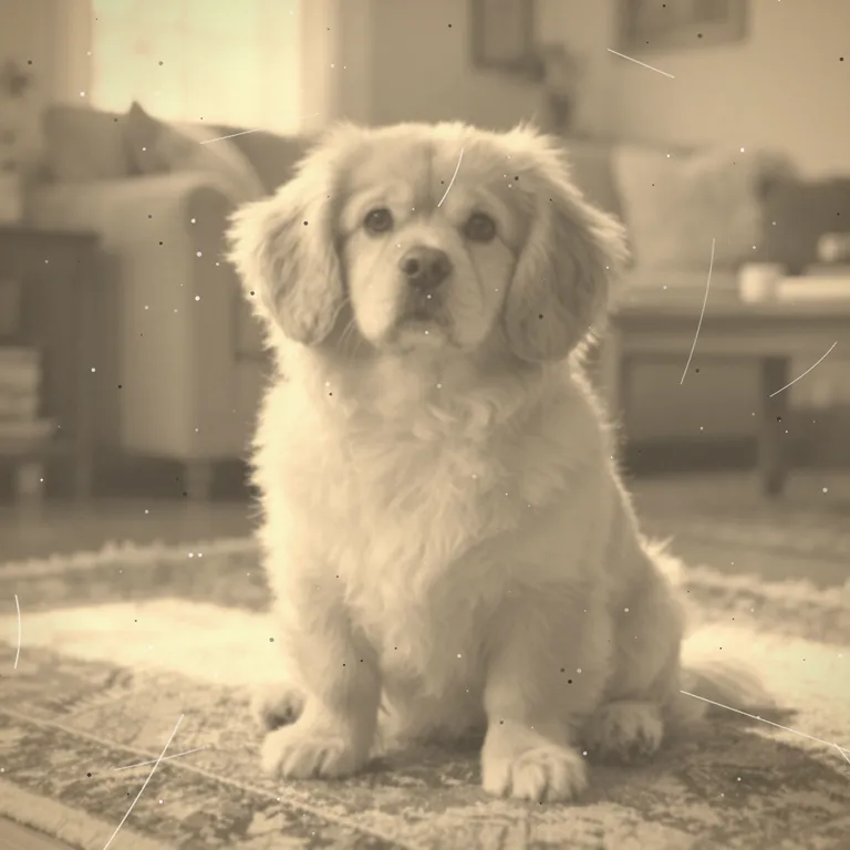 Old faded photo of a dog with scratches and blur, before restoring an old pet photo