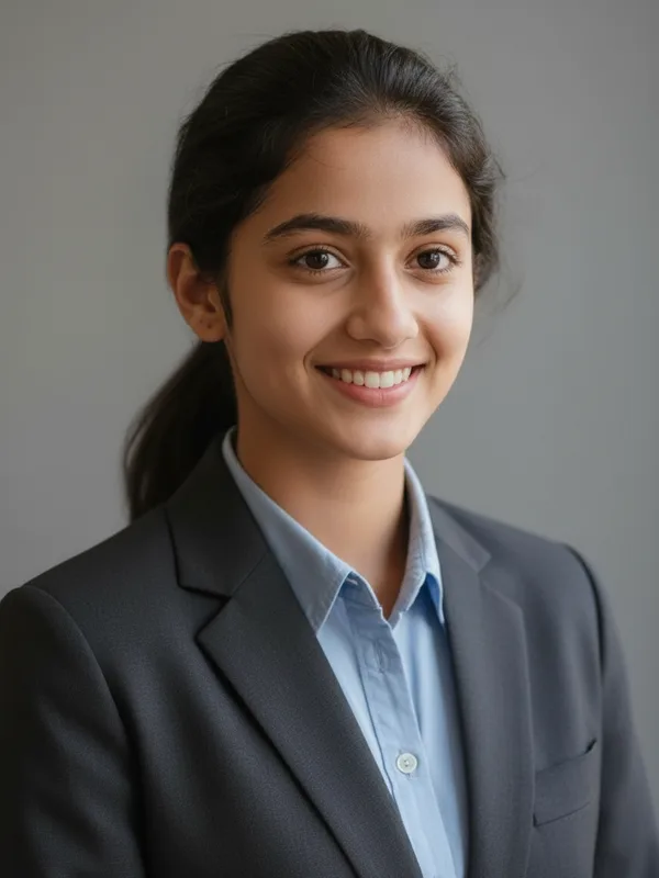 The same woman as a resume photo in a dark blazer with a plain background