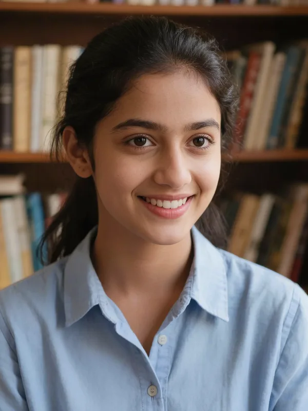 Young woman in a blue shirt in front of bookshelves, a casual photo before making a resume photo