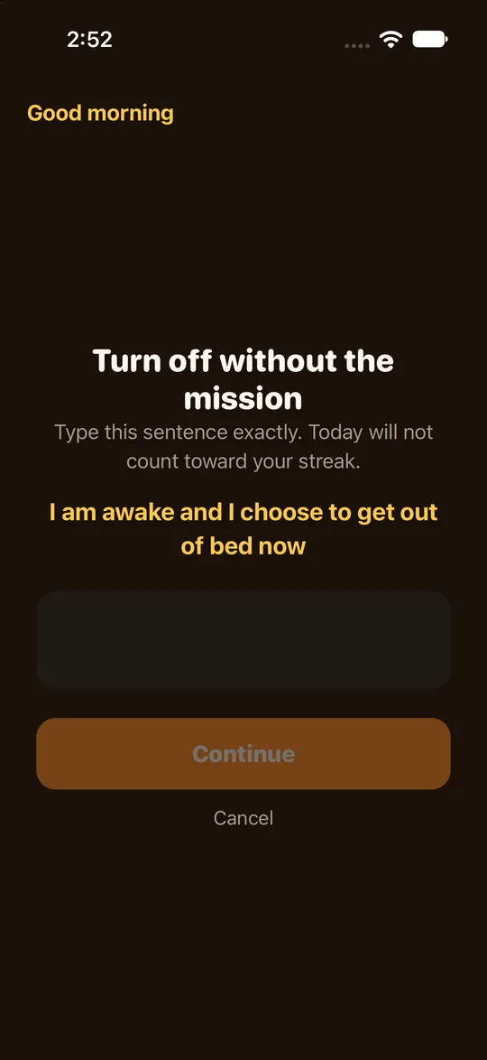 RiseCheck emergency close screen where you type a sentence to switch the alarm off.