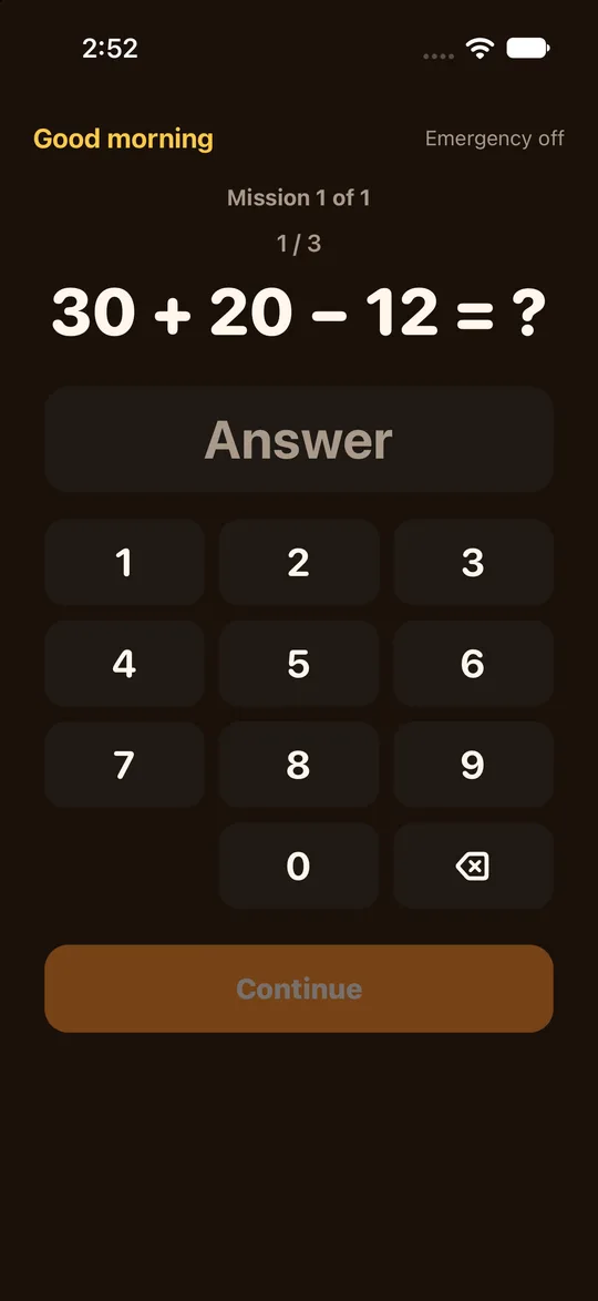 RiseCheck math task on screen while the alarm rings: solve it to switch the alarm off.