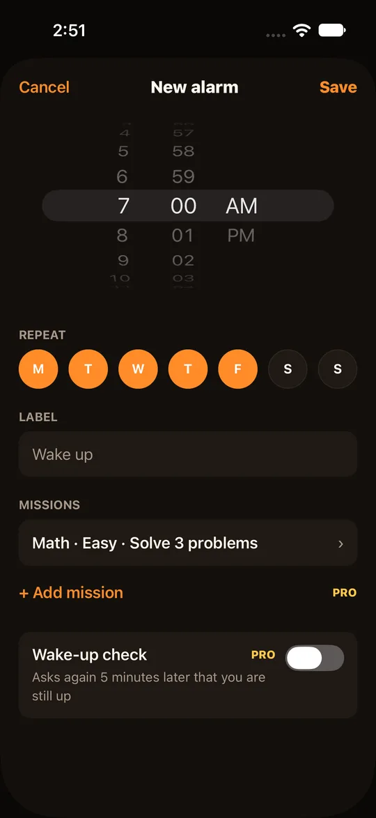 RiseCheck new alarm screen with the time, repeat days and the chosen task.