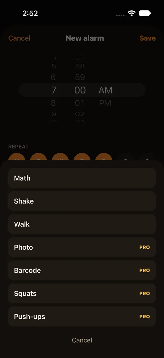 RiseCheck task picker for an alarm: math, shake, walk and Pro tasks to dismiss the alarm.