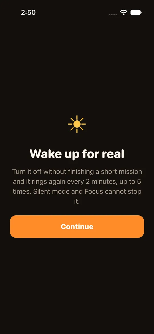 RiseCheck welcome screen promising you will really wake up, for people who oversleep.